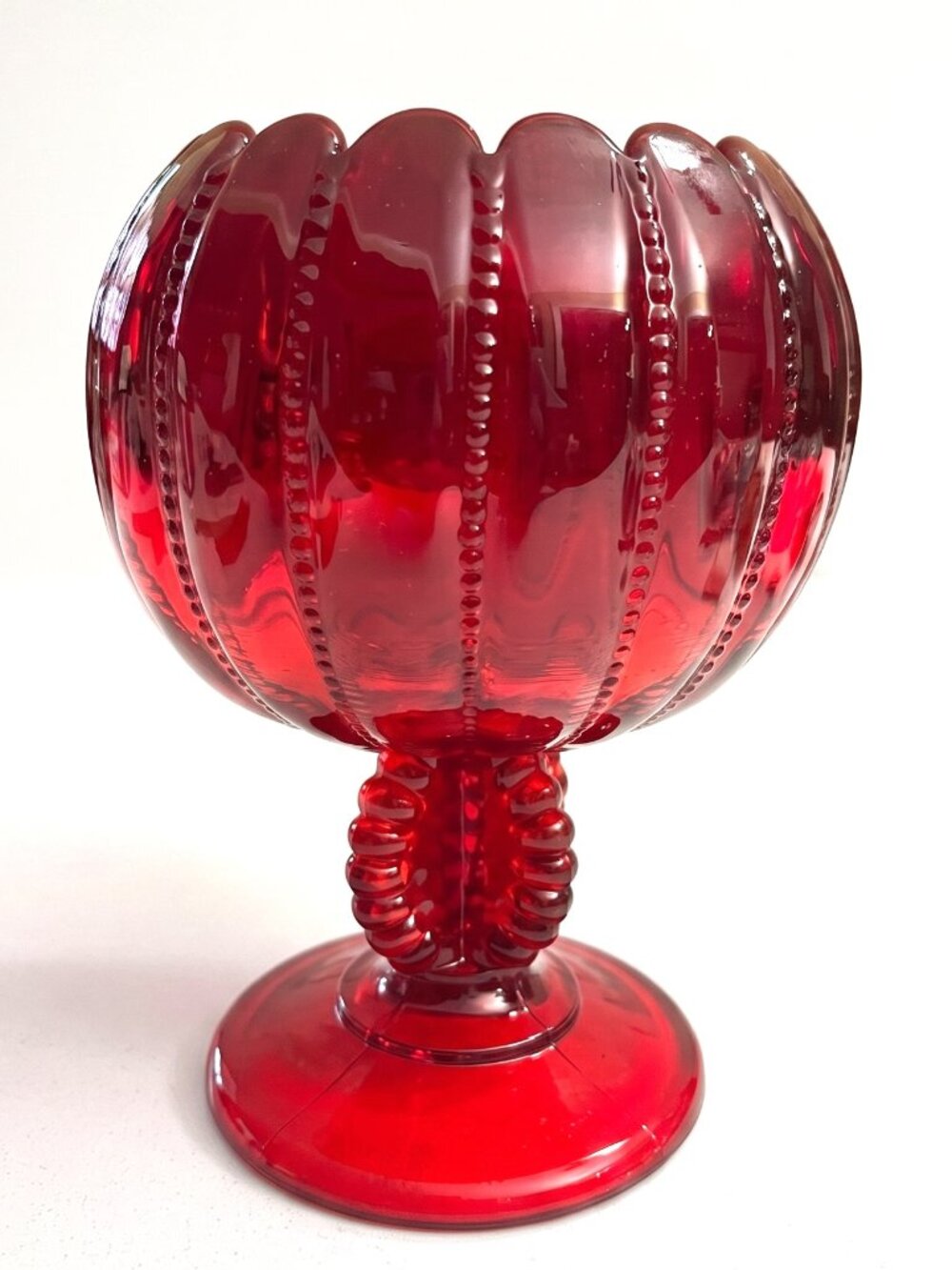 VTG Northwood Beaded Panels Ruby Red Footed Rose Bowl Candle Holder 7.5”